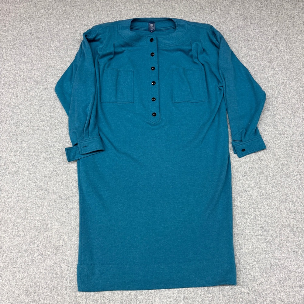 Emanuel Ungaro Parallele Paris Vintage Knit Dress Size 8 Teal Blue Button Front